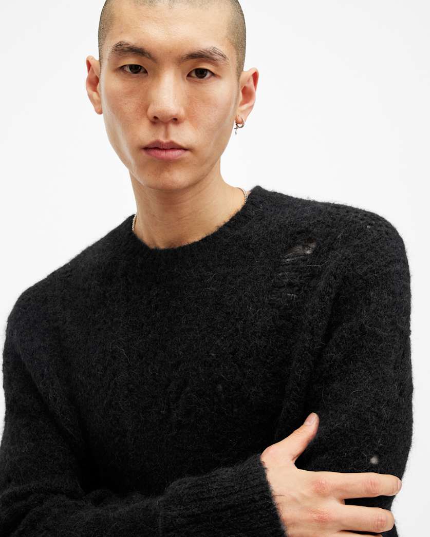 AllSaints Hadwin Distressed Crew Neck Sweater Ecru White