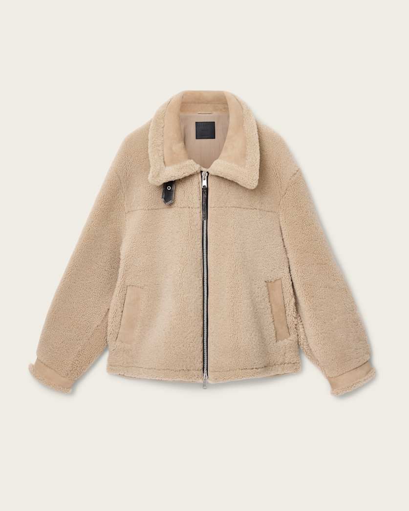 AllSaints Vernon Oversized Shearling Jacket Feather Taupe