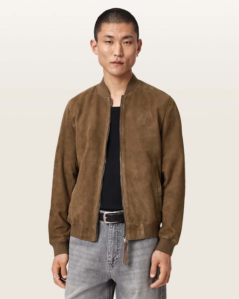 AllSaints Morten Relaxed Fit Suede Bomber Jacket Karoo Brown