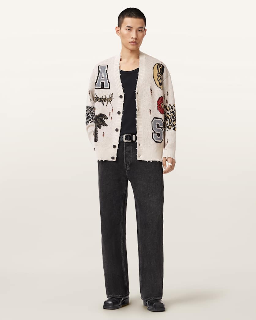 AllSaints Foxx Jacquard Oversized Cardigan Ecru White
