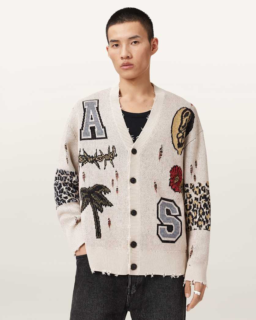 AllSaints Foxx Jacquard Oversized Cardigan Ecru White