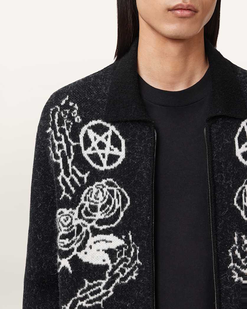 AllSaints Warner Jacquard Wool Cardigan Cinder Black/White