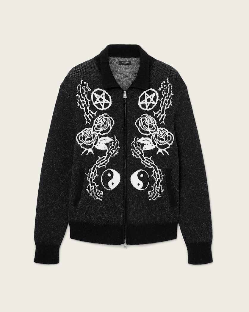 AllSaints Warner Jacquard Wool Cardigan Cinder Black/White