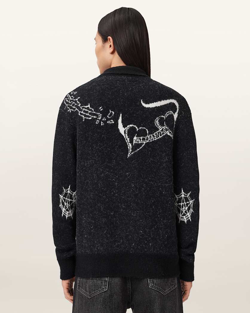AllSaints Warner Jacquard Wool Cardigan Cinder Black/White