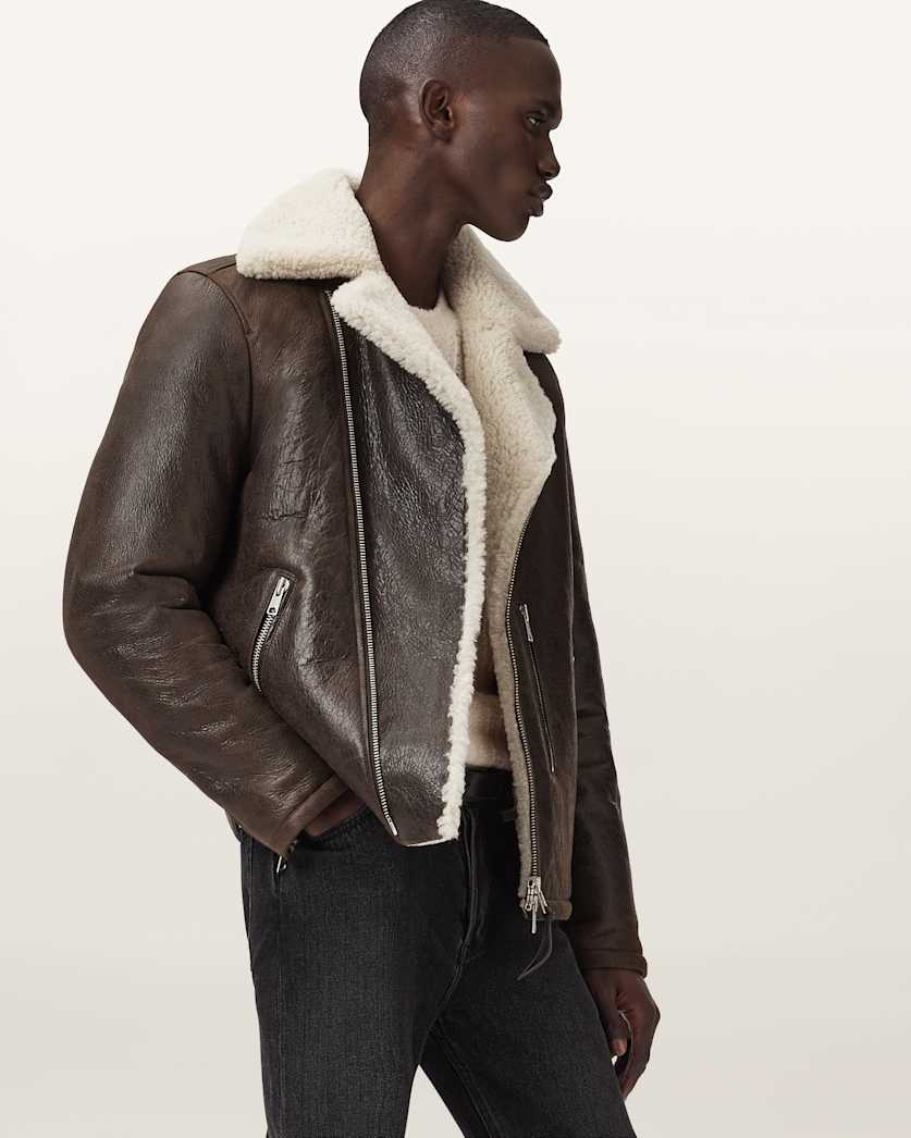 AllSaints Xylon Shearling Biker Jacket Barkwood Brown