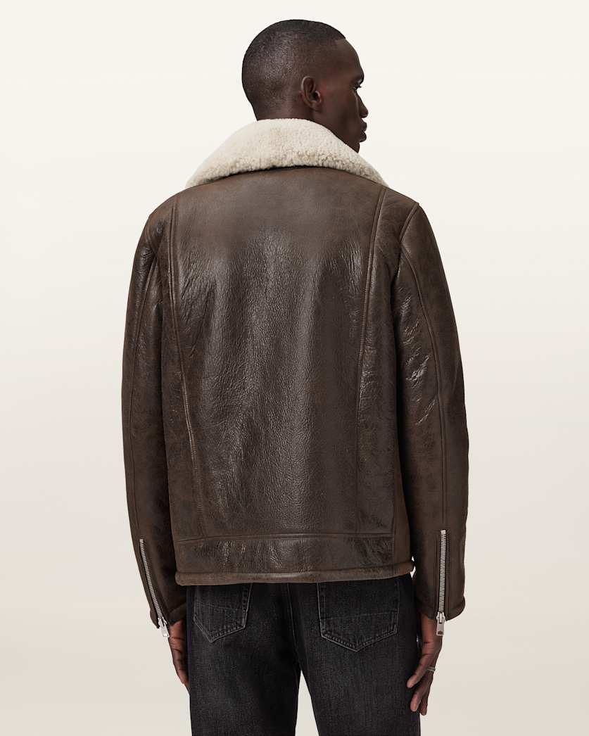 AllSaints Xylon Shearling Biker Jacket Barkwood Brown