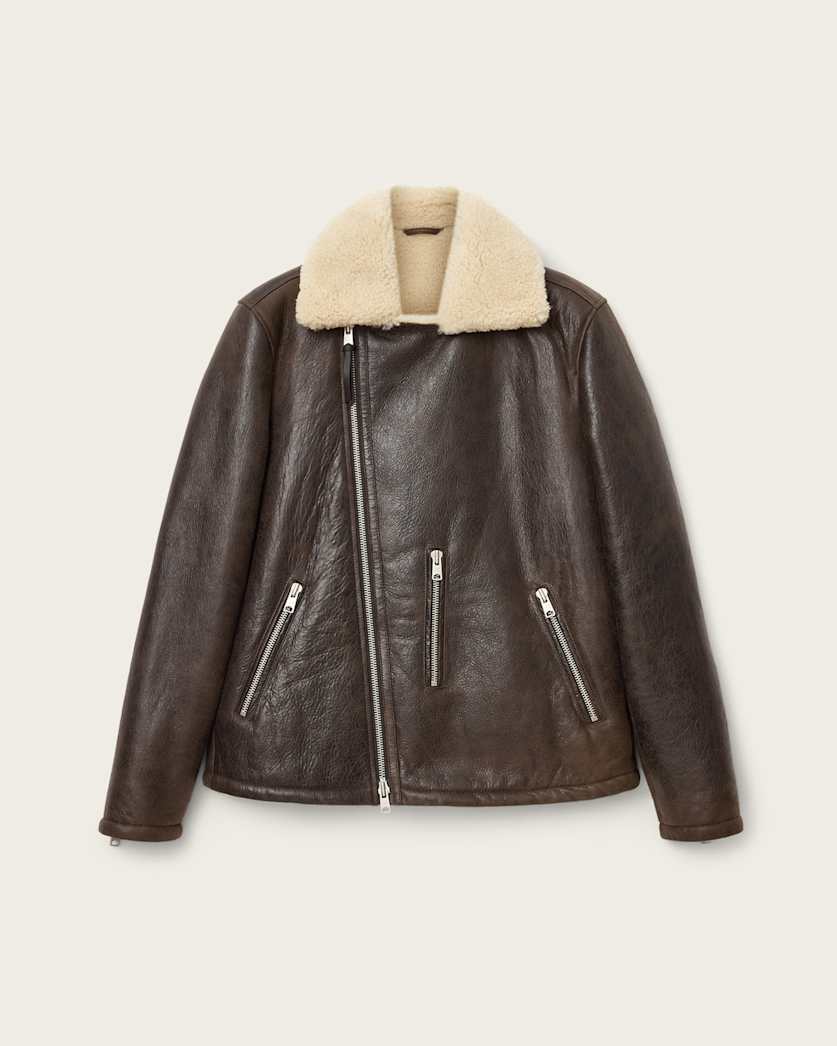 AllSaints Xylon Shearling Biker Jacket Barkwood Brown