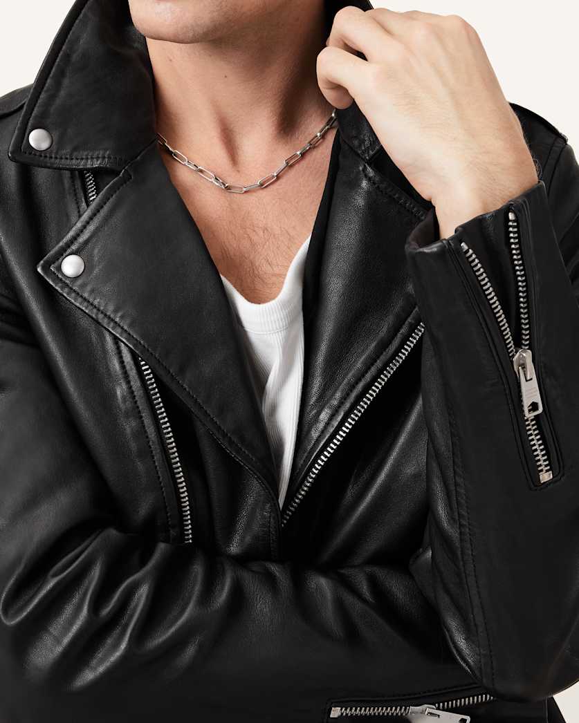 AllSaints Milo Asymmetric Zip Leather Biker Jacket Black