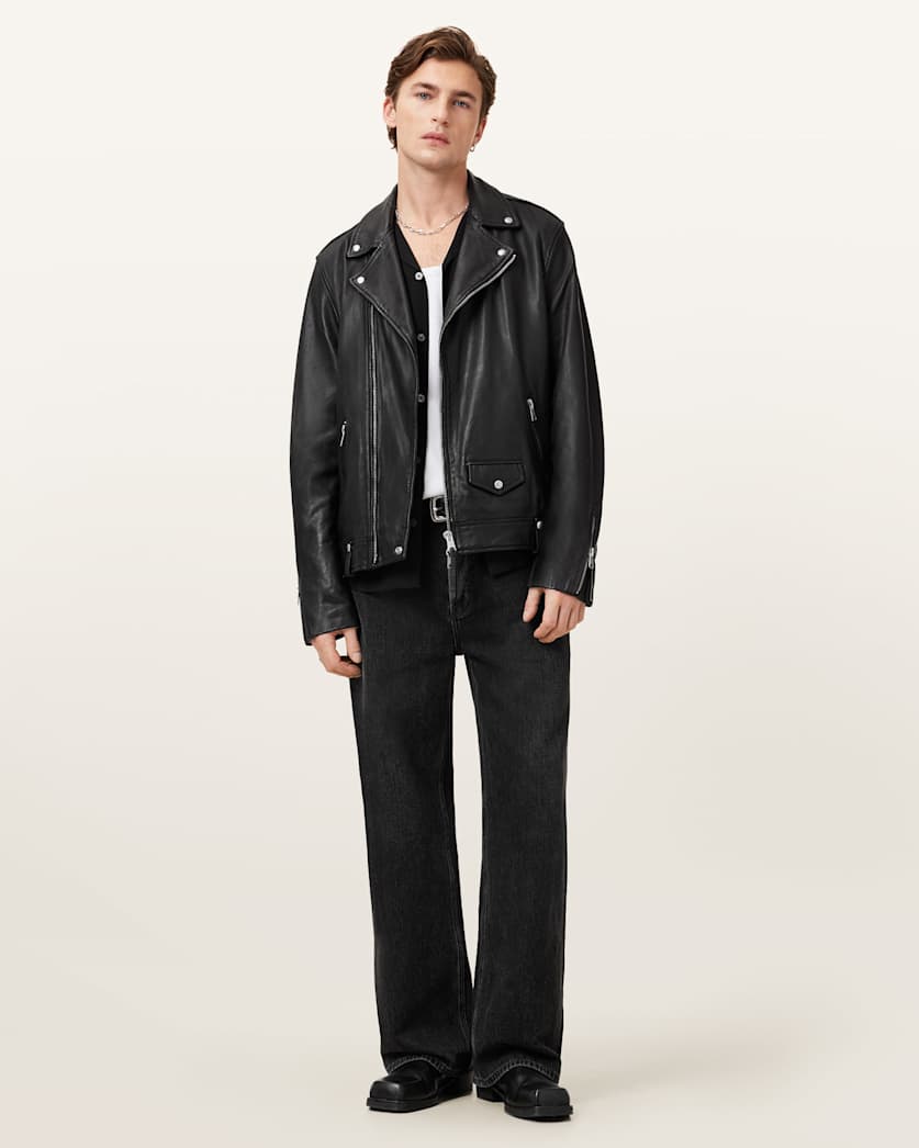 AllSaints Milo Asymmetric Zip Leather Biker Jacket Black
