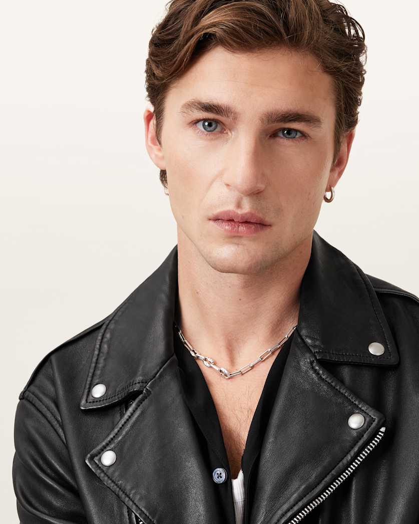 AllSaints Milo Asymmetric Zip Leather Biker Jacket Black