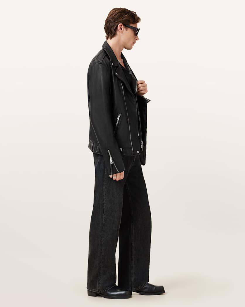 AllSaints Milo Asymmetric Zip Leather Biker Jacket Black