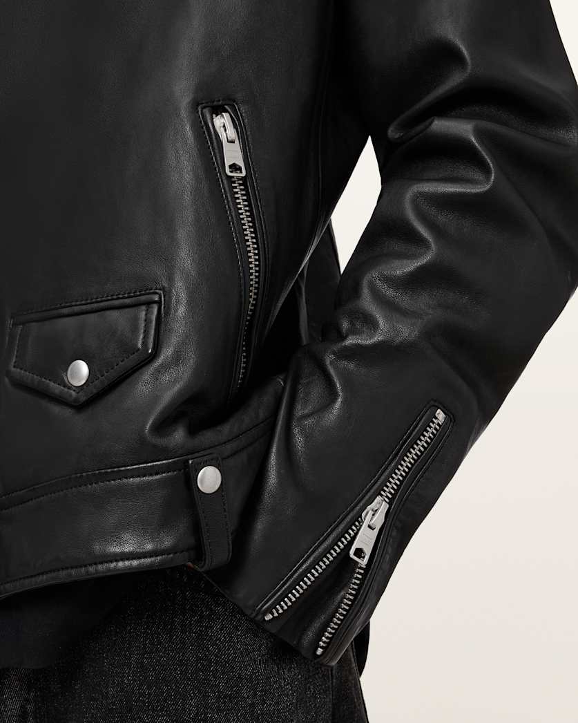 AllSaints Milo Asymmetric Zip Leather Biker Jacket Black