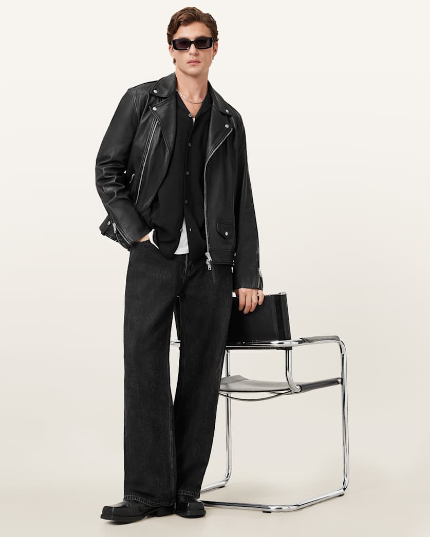 AllSaints Milo Asymmetric Zip Leather Biker Jacket Black