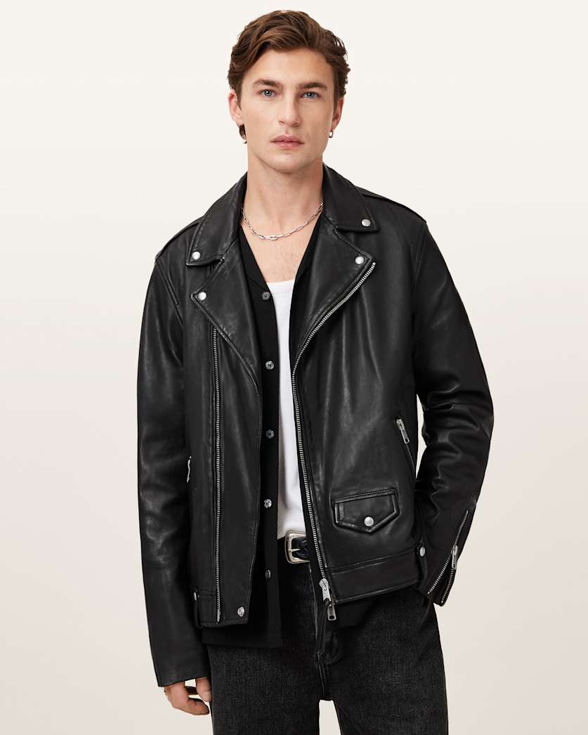 AllSaints Milo Asymmetric Zip Leather Biker Jacket Black