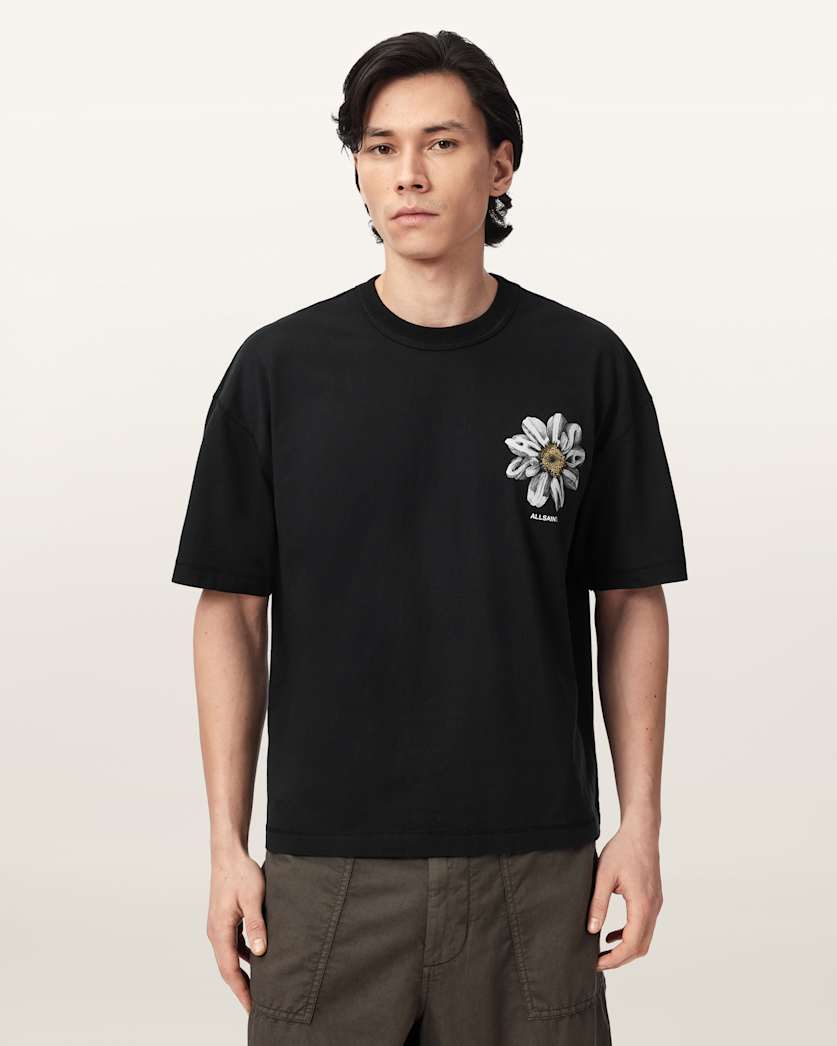AllSaints Petals Oversized Short Sleeve Graphic T Shirt Washed Black