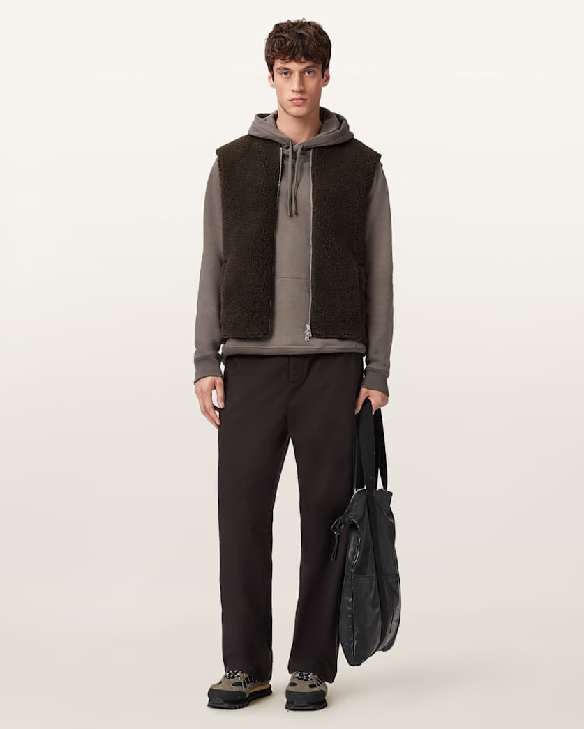 AllSaints Otis Sherpa Boxy Vest Dark Khaki Green