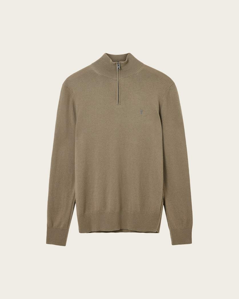AllSaints Kilburn Zip Funnel Neck Ramskull Sweater Dusky Green