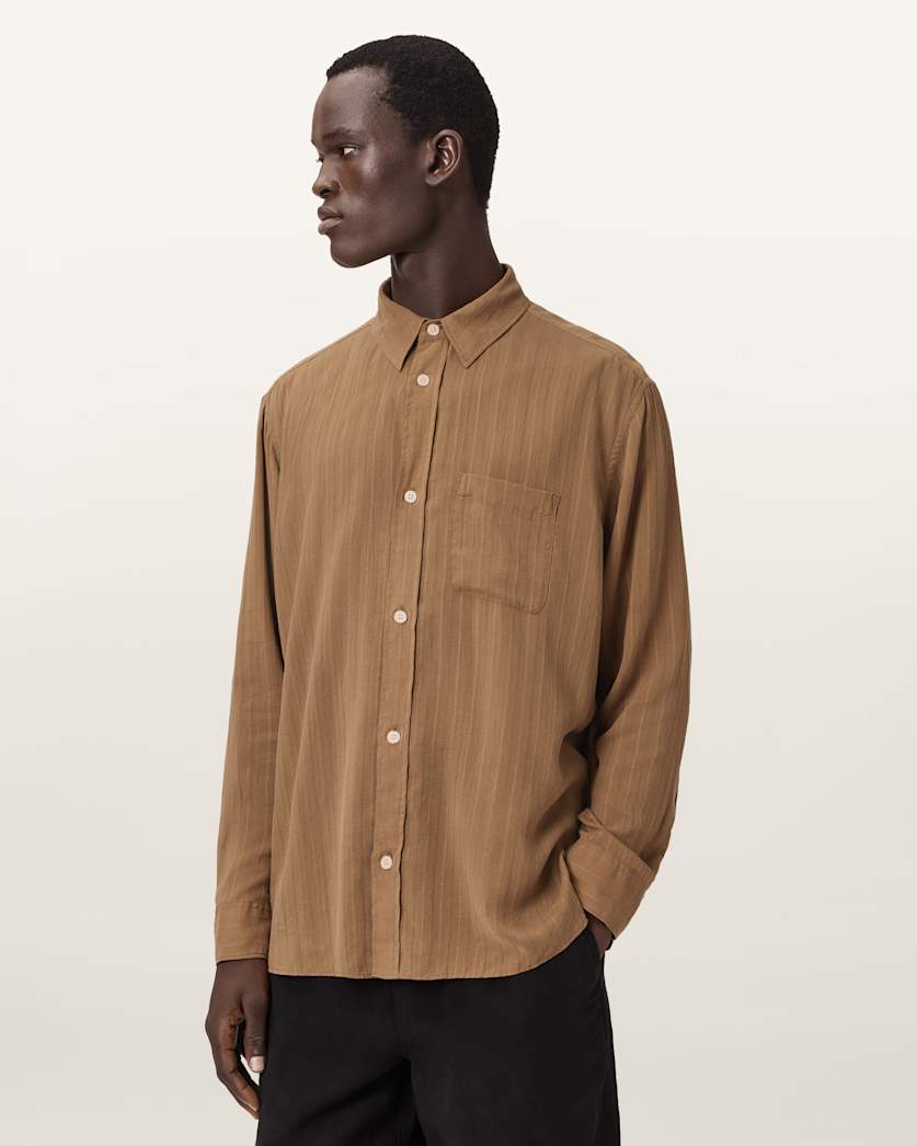 AllSaints Carlyle Long Sleeve Oversized Shirt Borg Brown