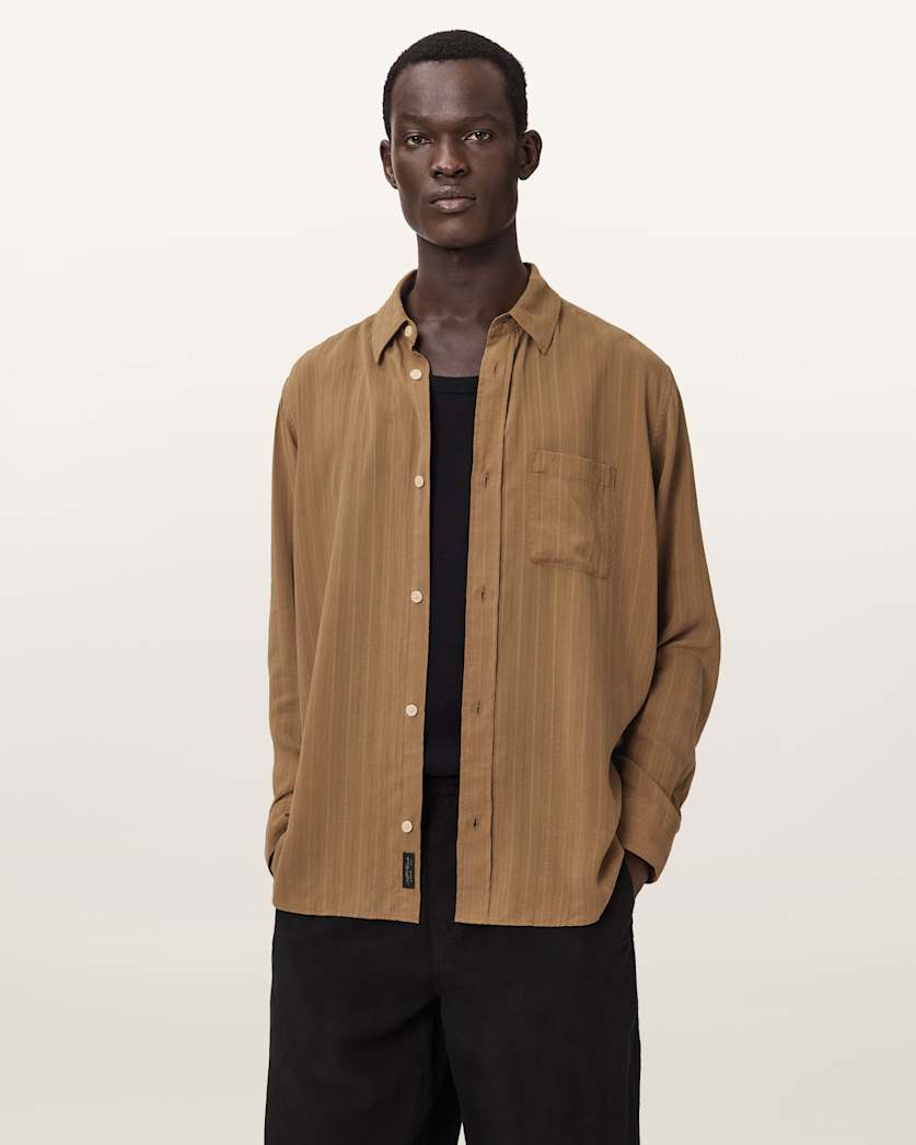 AllSaints Carlyle Long Sleeve Oversized Shirt Borg Brown