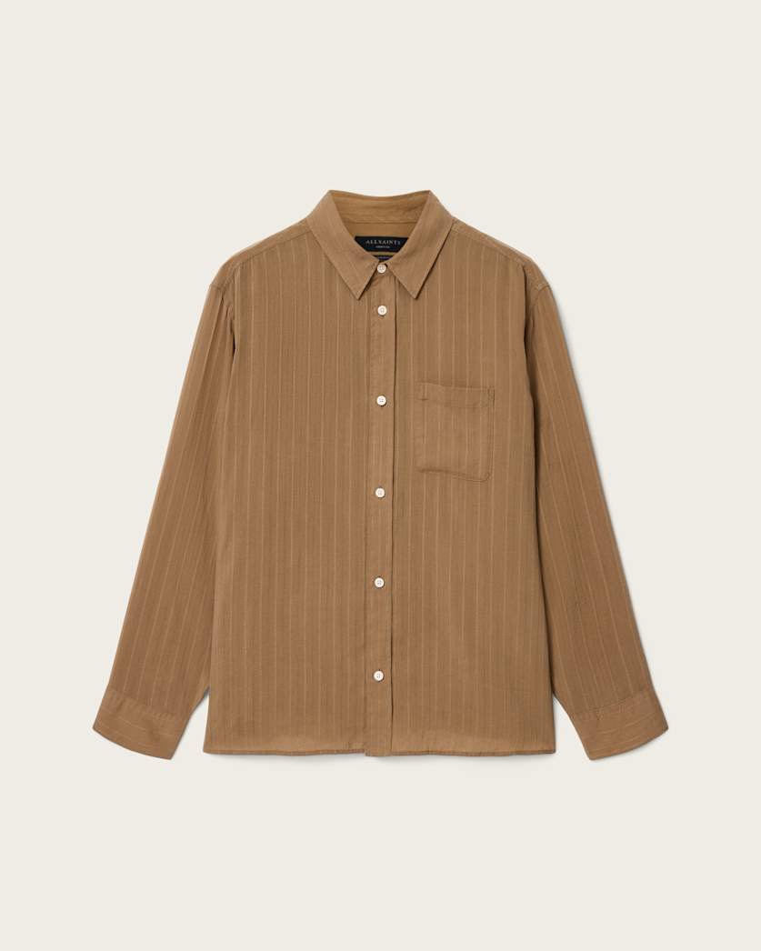 AllSaints Carlyle Long Sleeve Oversized Shirt Borg Brown
