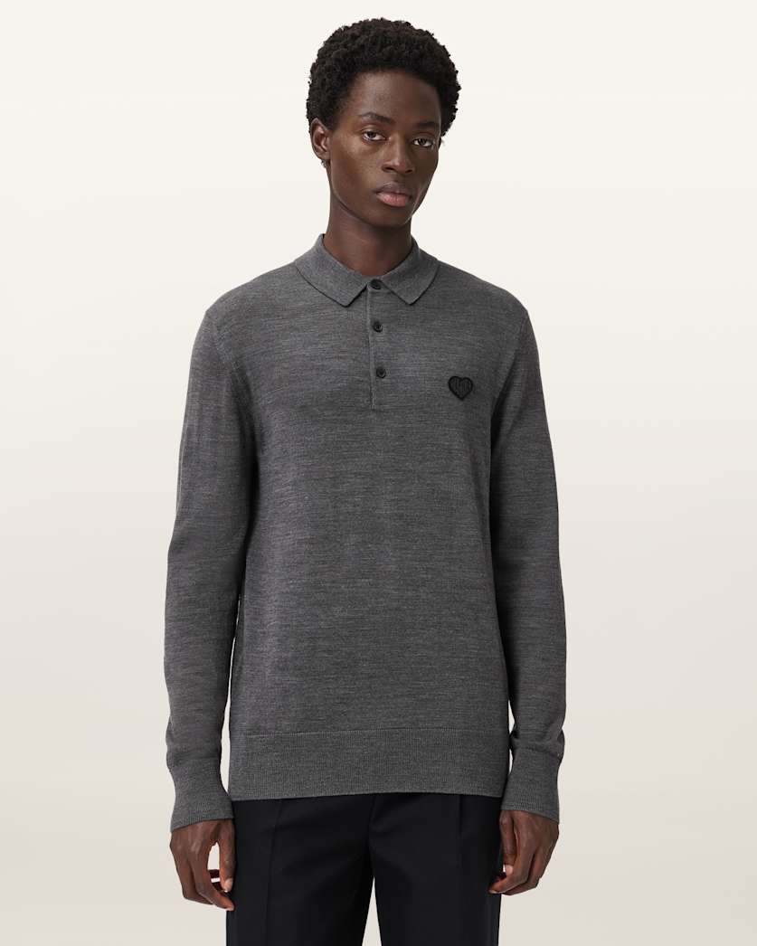 AllSaints Lover Merino Long Sleeve Polo Monument Gray
