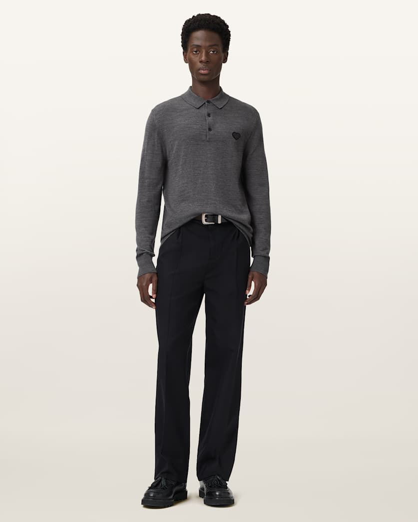AllSaints Lover Merino Long Sleeve Polo Monument Gray