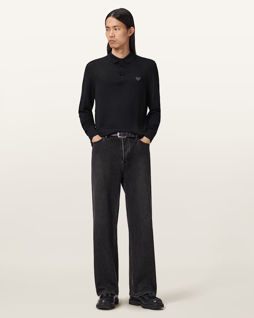 AllSaints Lover Merino Long Sleeve Polo Monument Gray
