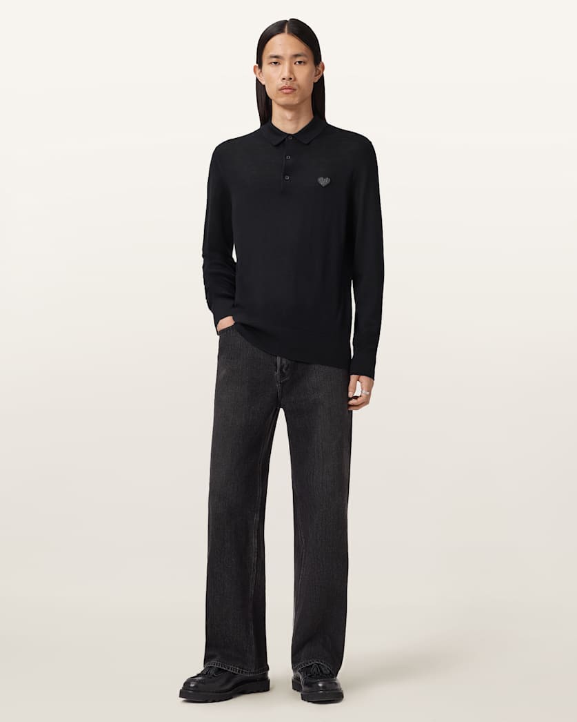 AllSaints Lover Merino Long Sleeve Polo Monument Gray