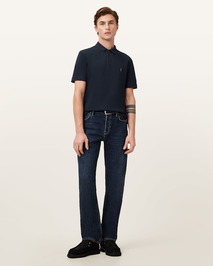AllSaints Reform Short Sleeve Polo Shirt Navy Blue