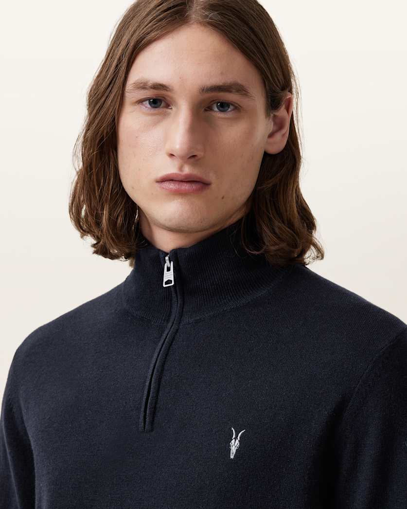 AllSaints Kilburn Zip Funnel Neck Ramskull Sweater Navy Blue