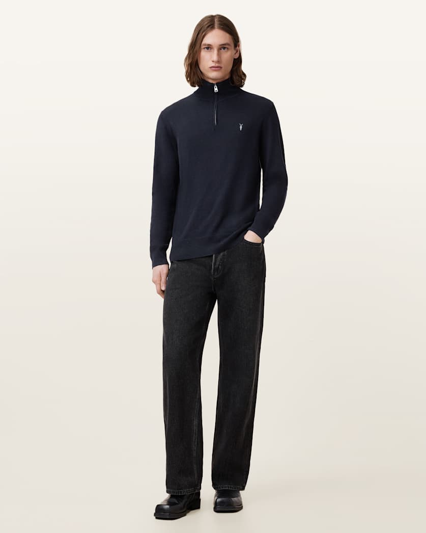 AllSaints Kilburn Zip Funnel Neck Ramskull Sweater Navy Blue