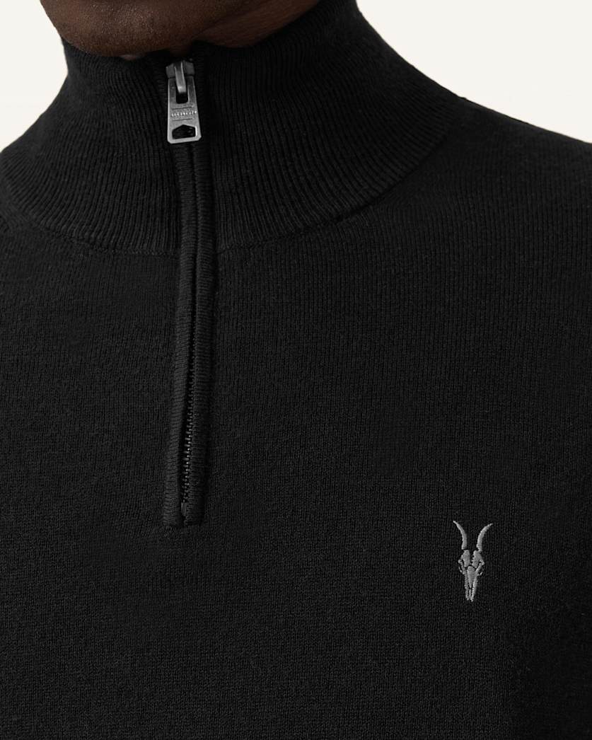 AllSaints Kilburn Zip Funnel Neck Ramskull Sweater Navy Blue