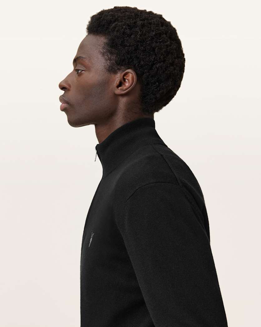 AllSaints Kilburn Zip Funnel Neck Ramskull Sweater Navy Blue