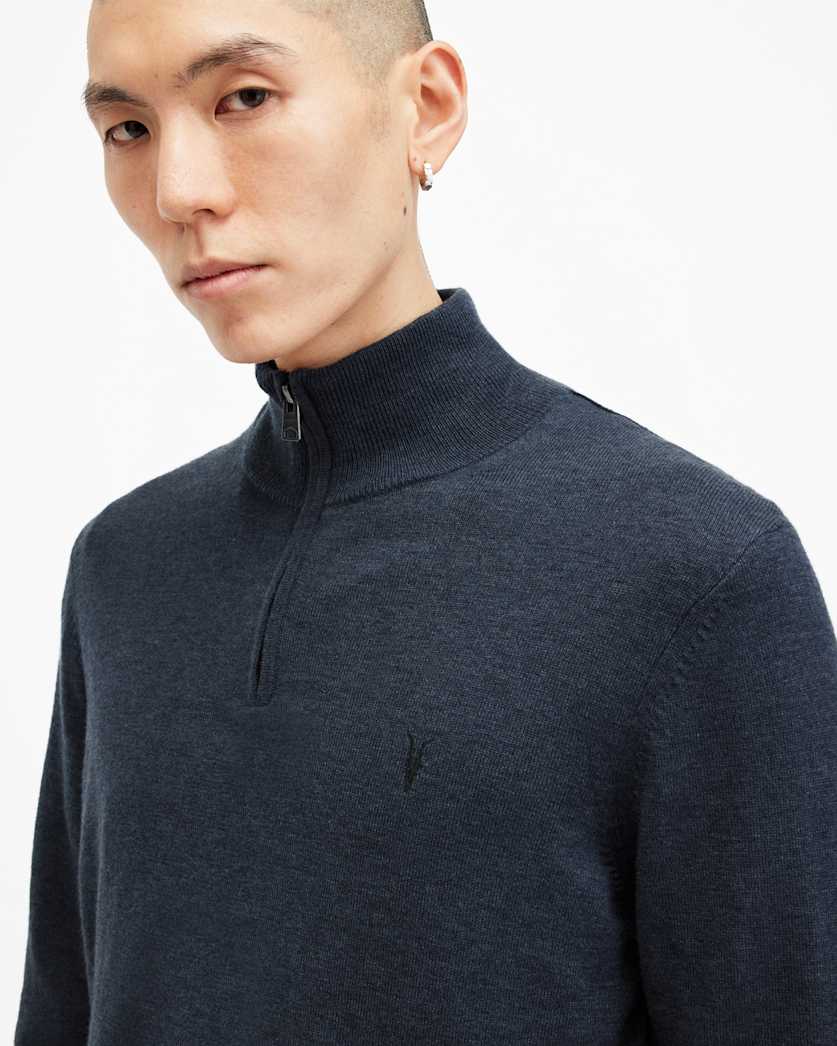 AllSaints Kilburn Zip Funnel Neck Ramskull Sweater Navy Blue