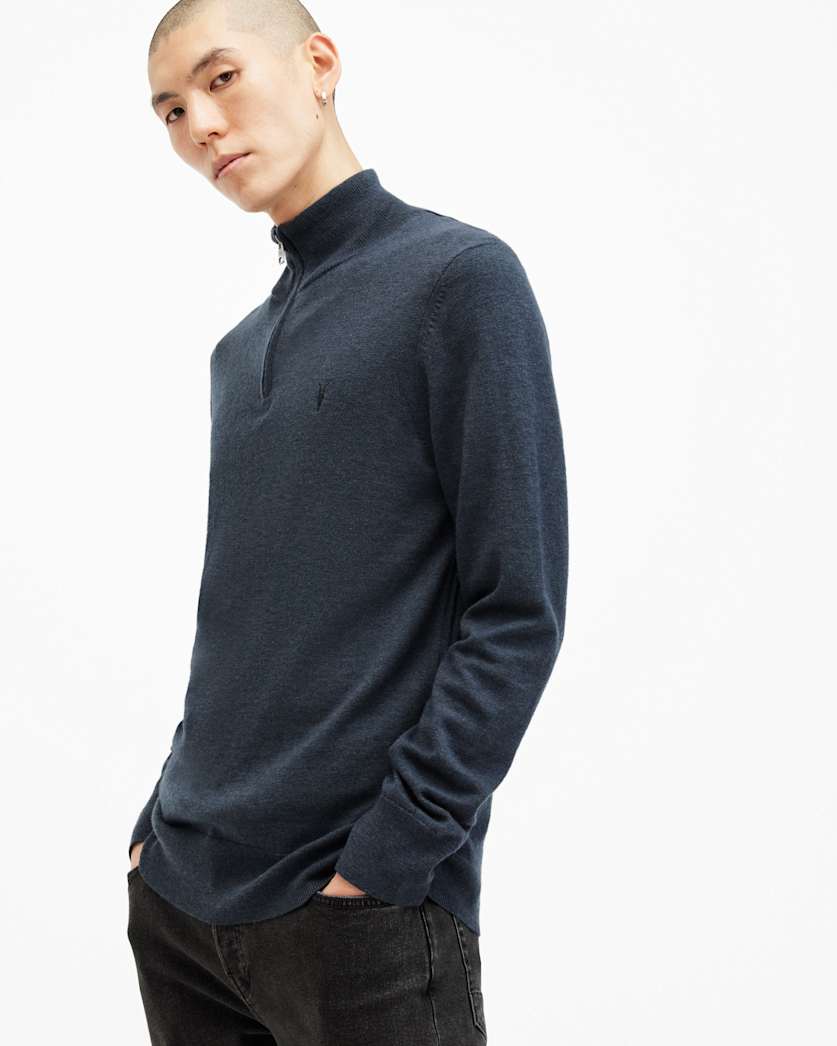 AllSaints Kilburn Zip Funnel Neck Ramskull Sweater Navy Blue