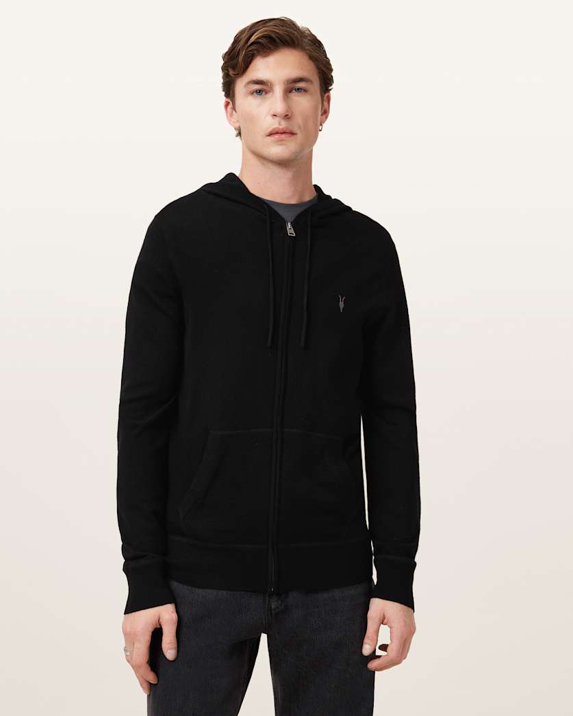 AllSaints Mode Merino Zip Up Ramskull Hoodie Black