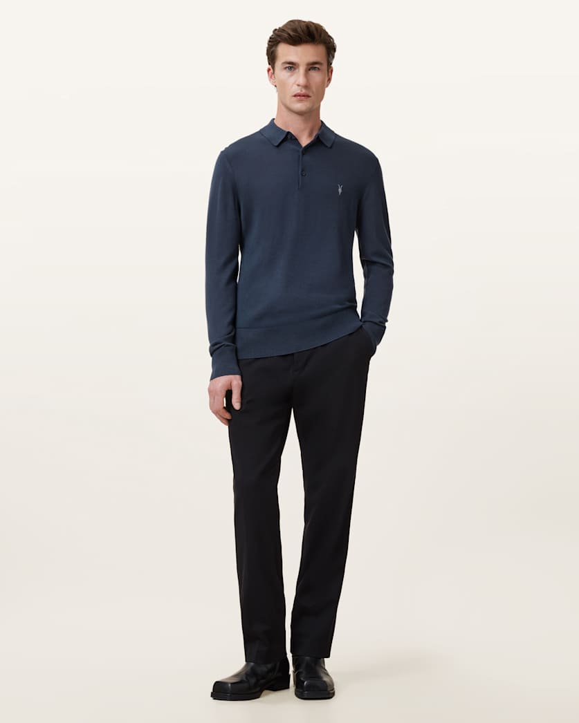 AllSaints Mode Merino Long Sleeve Ramskull Polo Shirt Navy Blue