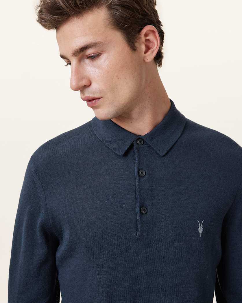 AllSaints Mode Merino Long Sleeve Ramskull Polo Shirt Navy Blue