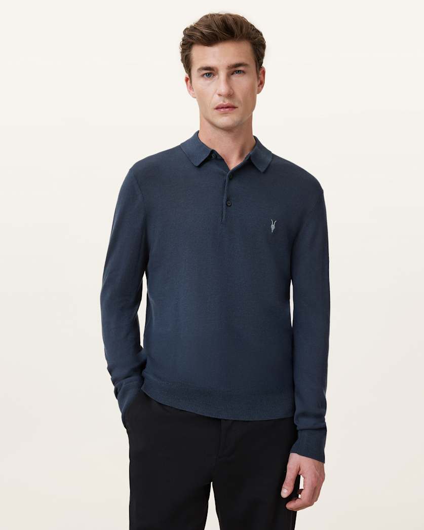 AllSaints Mode Merino Long Sleeve Ramskull Polo Shirt Navy Blue