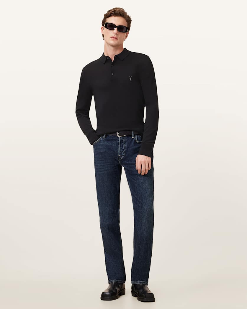 AllSaints Mode Merino Long Sleeve Ramskull Polo Shirt Navy Blue