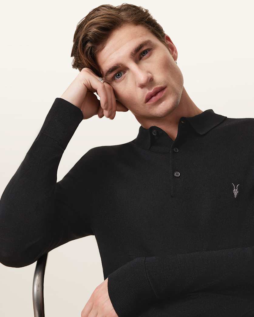 AllSaints Mode Merino Long Sleeve Ramskull Polo Shirt Navy Blue