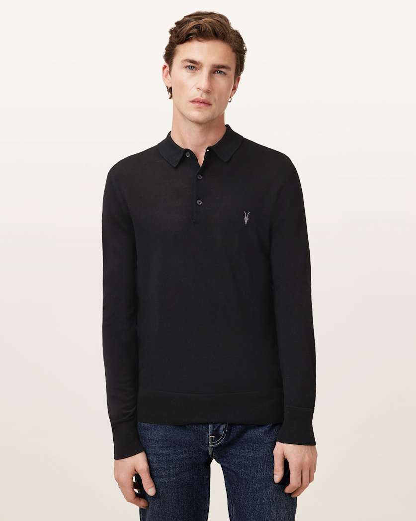 AllSaints Mode Merino Long Sleeve Ramskull Polo Shirt Navy Blue