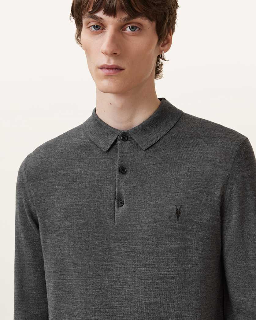 AllSaints Mode Merino Long Sleeve Ramskull Polo Shirt Navy Blue