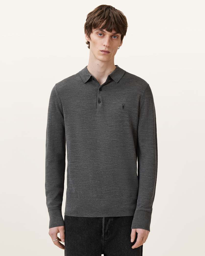 AllSaints Mode Merino Long Sleeve Ramskull Polo Shirt Navy Blue