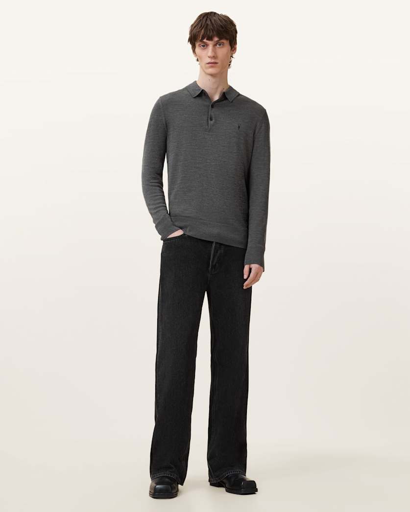 AllSaints Mode Merino Long Sleeve Ramskull Polo Shirt Navy Blue