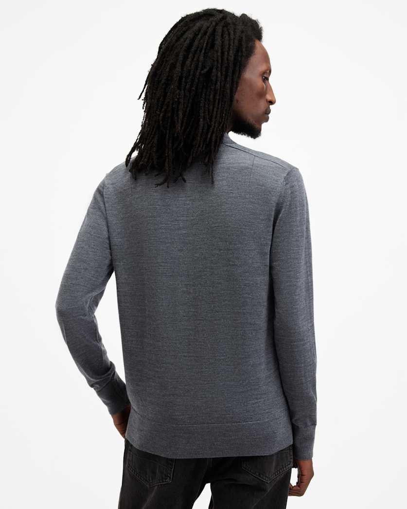 AllSaints Mode Merino Long Sleeve Ramskull Polo Shirt Navy Blue