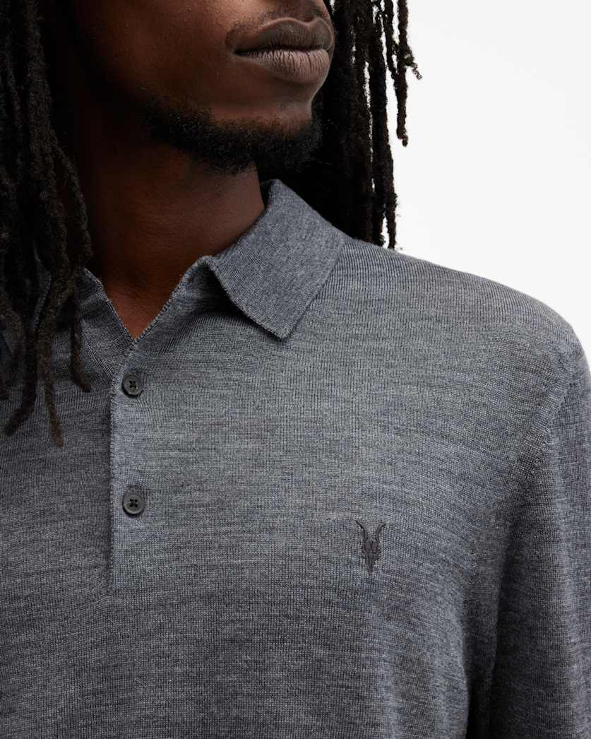 AllSaints Mode Merino Long Sleeve Ramskull Polo Shirt Navy Blue