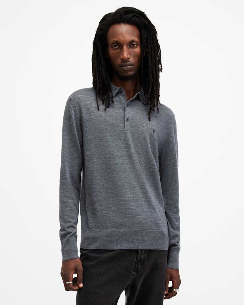 AllSaints Mode Merino Long Sleeve Ramskull Polo Shirt Navy Blue