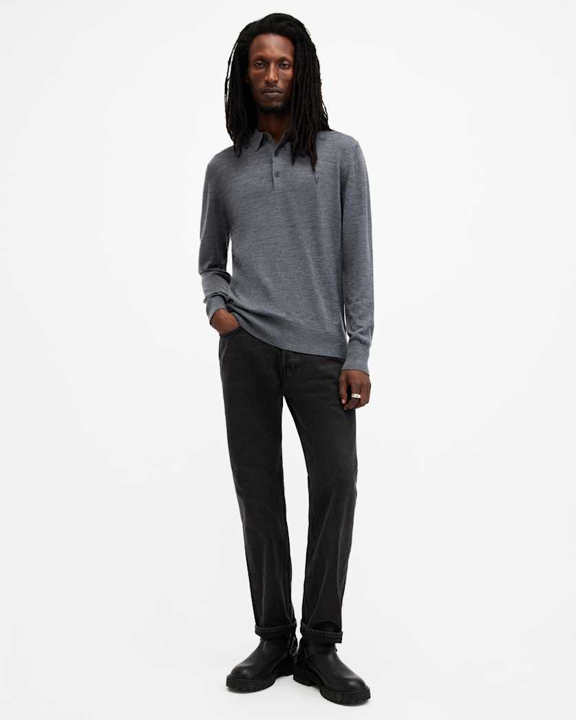 AllSaints Mode Merino Long Sleeve Ramskull Polo Shirt Navy Blue
