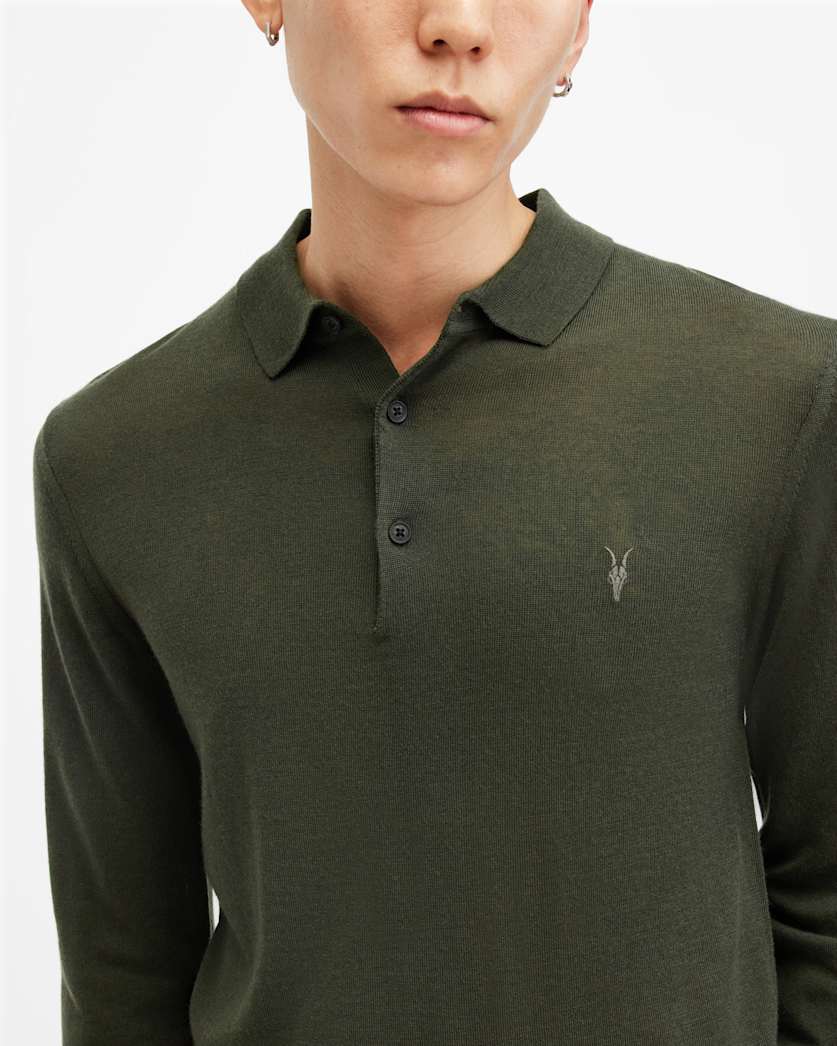 AllSaints Mode Merino Long Sleeve Ramskull Polo Shirt Navy Blue